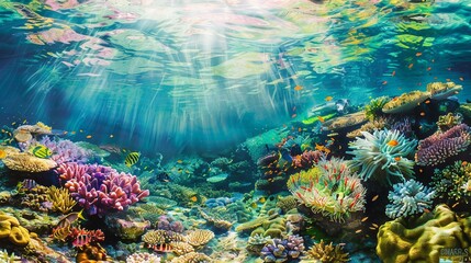 Fototapeta na wymiar An underwater panorama of a vibrant coral reef