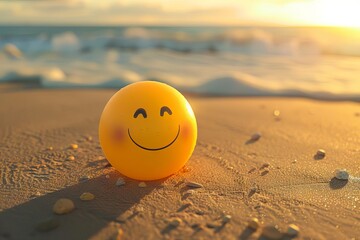 cute smiling yellow ball on beach sand summer vibes optimism and happiness 3d illustration