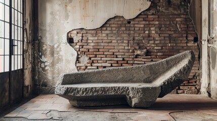 A unique three-seater sofa with an architectural silhouette, placed in an art studio that combines old-world brick textures with new-age, avant-garde aesthetics