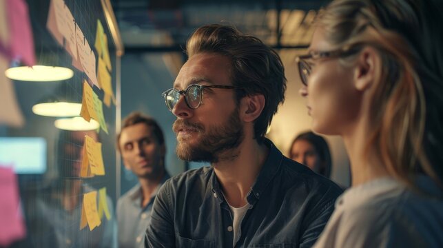 Agile team members discussing progress during a daily stand-up