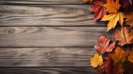 Fallen leaves on a rustic wooden table