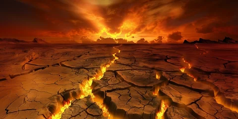 Fotobehang An apocalyptic landscape scene with deep cracks and flames, under a dramatic fiery sunset sky. © kraphix