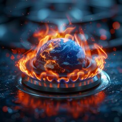 Earth set on a gas stove, encapsulating the pressing issue of the global heating crisis. - 795313045