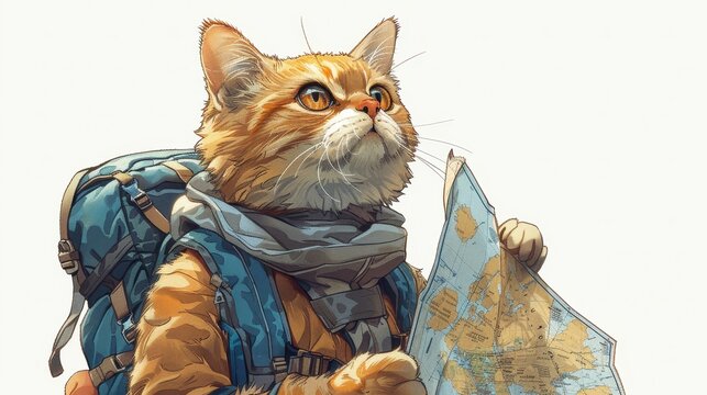 A ginger cat wearing a backpack and scarf is looking at a map.