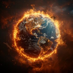 Visual concept of climate emergency with Earth in space, surrounded by vivid flames and embers. - 795313408