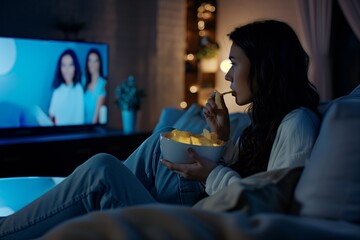 Woman watching TV and eating chips, comfortably settled on the sofa in the evening.
