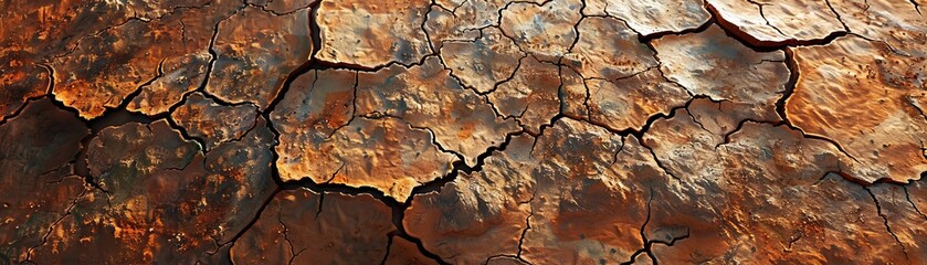 The desert's cracked surface bakes under the intense heat - 795313437