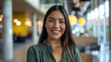 A young, happy Latina woman, perhaps a teacher or a college student, is seen on a university campus. Posing in a contemporary, innovative office setting is a contented Hispanic millennial woman