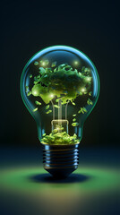 3D illustration of green light bulb, environmental protection concept