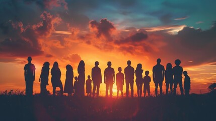 A group of diverse individuals from different backgrounds standing together, their silhouettes cast against a vibrant sunset