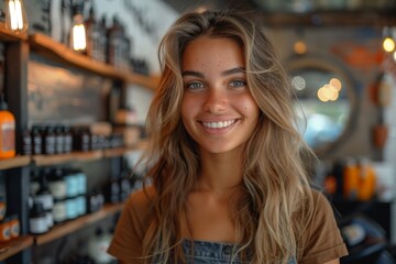 A young woman with a friendly smile poses in a warmly lit cozy barbershop setting