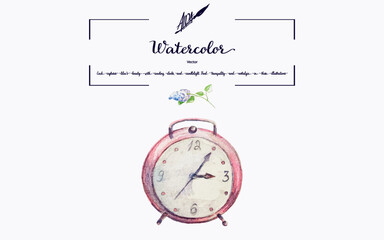 Vector watercolor illustration: red clocks against a floral backdrop. Perfect for commercial print materials, adding a pop of color