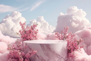 Product podium with a botanical sky outdoors blossom.
