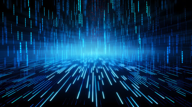 Digital data background with glowing blue lights and binary code