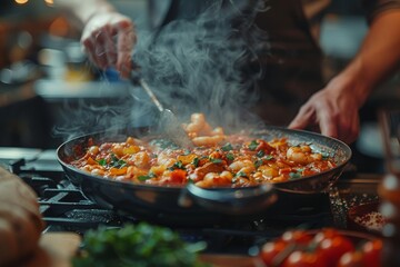 A chef prepares a vibrant stir-fry dish with steam rising from the pan showcasing fresh ingredients and culinary skill