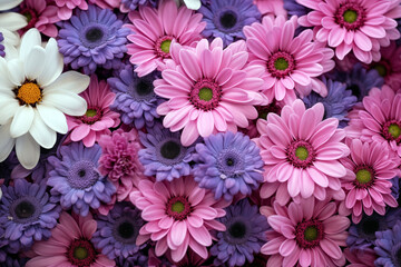 Bouquet of pink and purple daisies, top view
