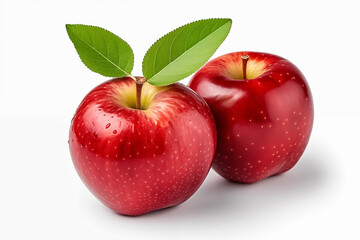 Red apples with leaves isolated on white background.