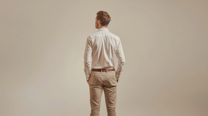businessman wearing a white shirt and light brown pants stands with his back turned