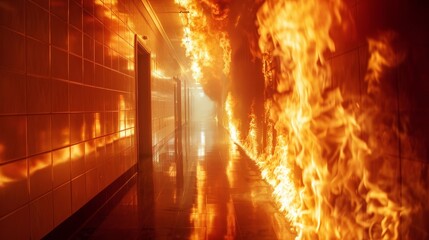 Intense close-up of flames in a high school corridor, casting ghostly shadows and creating a foreboding, haunted atmosphere - obrazy, fototapety, plakaty