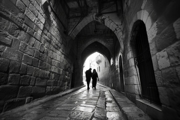 hoto of an old street in the ancient city center of Jerusalem, with stone walls and arches. An Arab couple is walking through it, captured with a wide angle lens, in the style of an Orientalist painte - obrazy, fototapety, plakaty