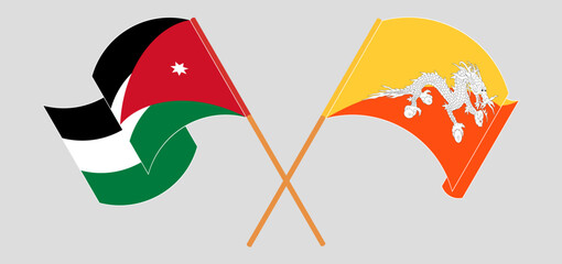 Crossed and waving flags of Jordan and Bhutan