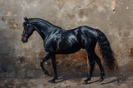 Black horse stallion painting animal.