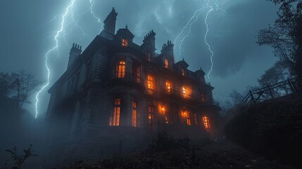 A dark, stormy night. A large, creepy house sits on a hill. The house is lit by flickering candlelight. Lightning strikes in the background. - obrazy, fototapety, plakaty