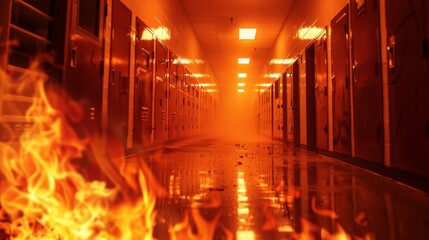 Haunting view of a high school hallway, close-up on intense flames that reflect off locker doors, evoking a sense of fear and isolation - obrazy, fototapety, plakaty