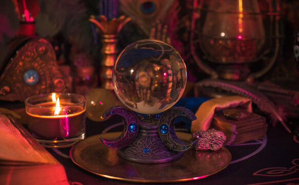 Mystical scene with a witchcraft altar. Alchemy of Old powers and energies