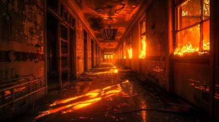 Creepy perspective of a flame-lit high school hallway, the fire casting long, sinister shadows, evoking a chilling, abandoned feel