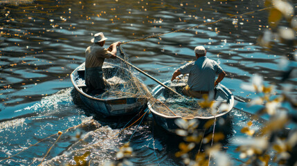 A Fishermen go out in boats to catch fish