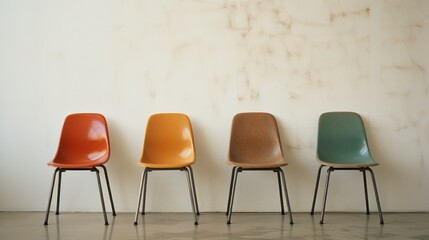 Row of colour chairs against wall earth tones vintage rustic
