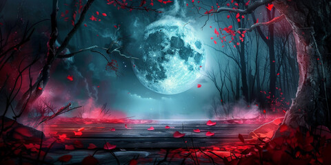 empty wooden table on Halloween red and blue spooky forest background with moon, trees, fallen leaves, dark fantasy,