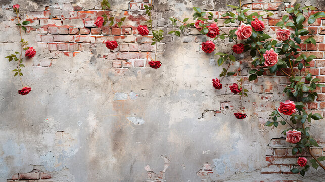 brick wall with a climbing rose, in a romantic and whimsical setting, background