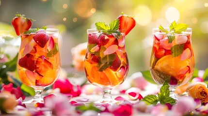Three cups of brightly colored, slightly tipsy fruit tea, served in exquisite glasses. Each cup of fruit tea is garnished with fresh fruits such as strawberries and mint leaves, creating a fresh - obrazy, fototapety, plakaty