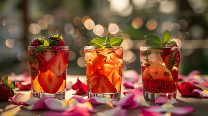 Three cups of brightly colored, slightly tipsy fruit tea, served in exquisite glasses. Each cup of fruit tea is garnished with fresh fruits such as strawberries and mint leaves, creating a fresh