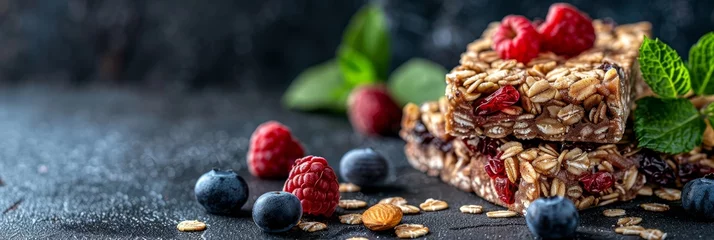 Rolgordijnen Close up of split chewy granola bar showing hearty oats, nuts, and sweet dried fruits in detail © Maksym