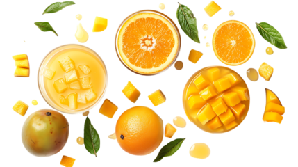 Variety of tropical fruits including oranges, mangoes, and a smoothie and leaves with white background.