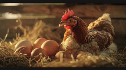 A hen lays eggs