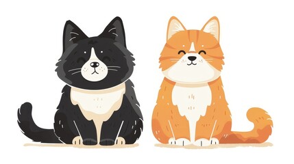 Obraz premium A cartoon cat with black fur and a white belly and paws, sitting next to a cartoon cat with orange fur and a white belly and paws.