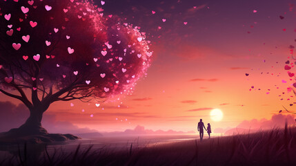 Tree of love in spring. Red heart shaped tree at sunset. Beautiful landscape with flowers.Love background,generative Ai