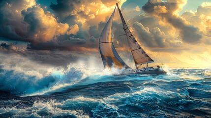 Boat sailing in a stormy sea.Yacht with stunning ocean view.Take a sailing boat ride.A tempest in a...
