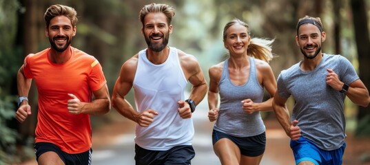 Obraz premium Group of cheerful friends in athletic wear running together at sunrise in scenic park setting