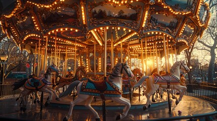 Whimsical carousel symbolizing relationships  horses spin in diverse directions of love and laughter