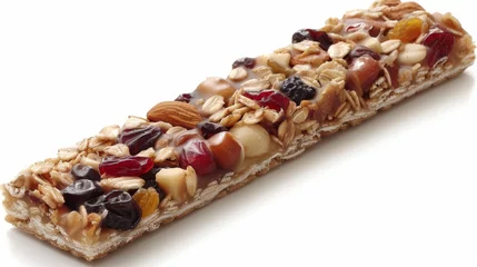Zelfklevend Fotobehang Split chewy granola bar showcasing hearty oats, nuts, and sweetened dried fruits in close up view © Maksym