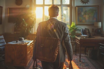Obraz premium A well-dressed man with a classic leather satchel departs an office filled with sunlight, reflecting on a workday's end in an antique environment