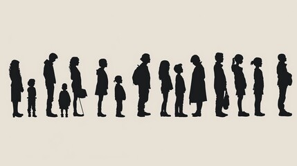 A line of diverse people, from children to elderly, standing in a queue, depicted as vector silhouettes against a minimalist background