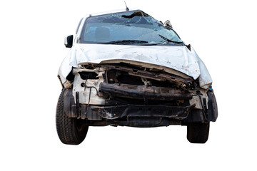 Front view of white pickup car get damaged by accident on the road. damaged cars after collision....