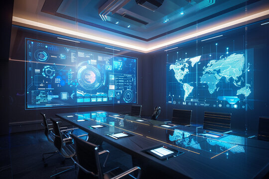 A conference room featuring AI-driven augmented reality overlays, enhancing presentations with interactive graphics and animations.