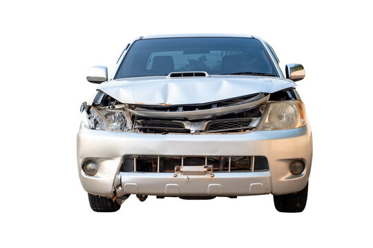 Front of broze or gray pickup get damaged by accident on the road. damaged cars after collision. isolated on transparent background, car crash bumper for graphic design element, PNG File